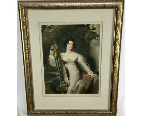 Richard Smythe (1863-1934) signed mezzotint - portrait of a lady with a harp, published 1913 by Agnew, 32cm x 41cm, in glazed