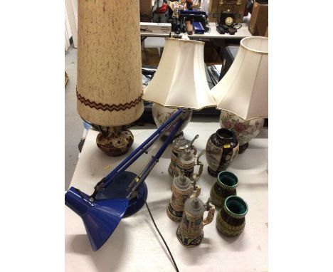 Blue anglepoise lamp, German pottery lamp, pair of table lamps and other china