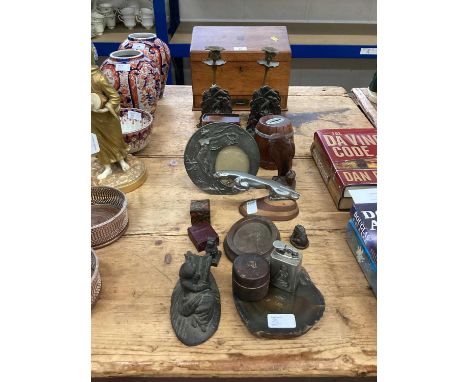 Various works of art including Jaguar car mascot, pair of bookends, pair of candlesticks, cards box, wooden carving two netsu
