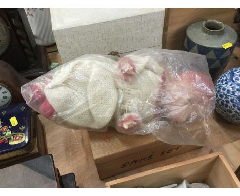 1920's oak mantle clock, another mantel clock, two boxes and doll