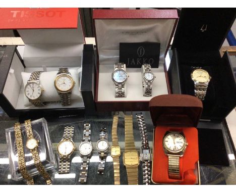 Group of various wristwatches including Tissot, Kenneth Cole, Guess, Timex, Jean Renet, gold plated Rotary watch and matching