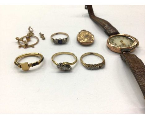 Antique yellow metal ring, 18ct gold diamond set ring, one other diamond three stone ring, 9ct gold gem set ring, 9ct gold se