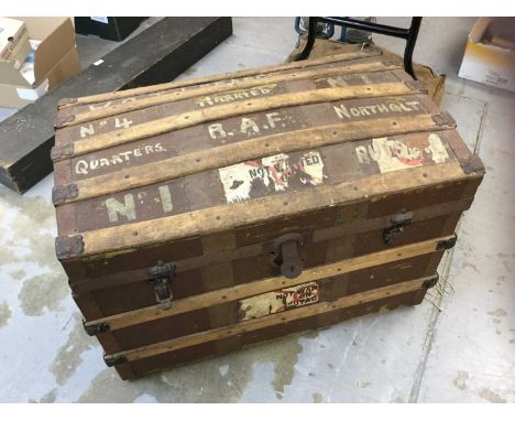 RAF interest- vintage wood bound canvas trunk, with painted naming 'W.O. T. J. Pearce No. 4 Married, No. 1 Quarters, R.A.F. N