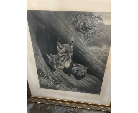 19th century print of foxes, other pictures and mirror