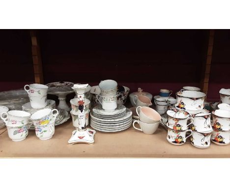 Coalport cake stand, bowl, candle stick and tea plates, and other tea ware including Poole, Heathcote and Royal Doulton coffe