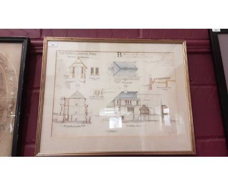 Interesting Victorian ink and watercolour architects sketch, showing the The Tower, Gatton Park, signed and dated 1894, in gl