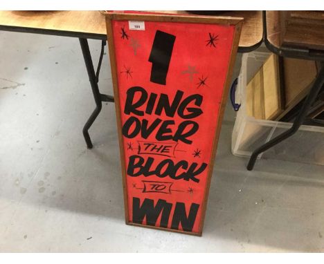 Vintage fairground sign '1 ring over the block to win', 85 x 31.5cmHello,there are no fixings on the back for hanging. And th