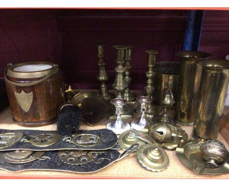 Mixed lot of brass ware, carving set, wooden cased clock and other time pieces