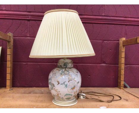 Floral pattern ginger jar style base table lamp, with pleated shade, cable and plug