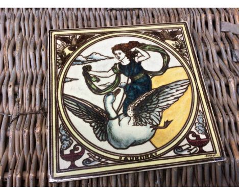 A Victorian Arts and Crafts ceramic tile entitled 'Aurora', depicting a classical figure riding a swan, 20.25cm x 20.25cm
