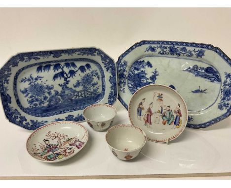 18th century Chinese export blue and white porcelain octagonal plate, another and two Chinese porcelain tea bowls and saucers