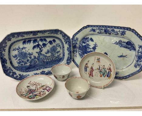 18th century Chinese export blue and white porcelain octagonal plate, another and two Chinese porcelain tea bowls and saucers