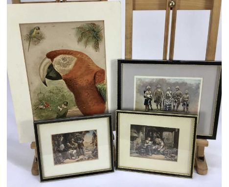 Two framed Victorian Baxter prints, an unframed antique print of Macaws and another framed Black Watch print (4)