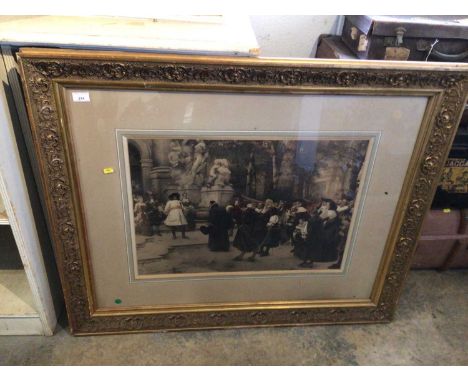 Large gilt framed print by Hugo Vogel, frame measures 110cm x 89cm, and an American wall clock