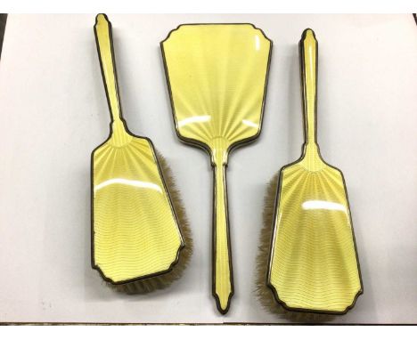 Silver and yellow guilloche enamel brush and mirror set (3)