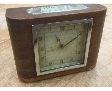 Unusual 1930's Art Deco Desk clock with applied plaque to top 'Ivy from the Club, Monte Carlo,Unfortunately this clock is not
