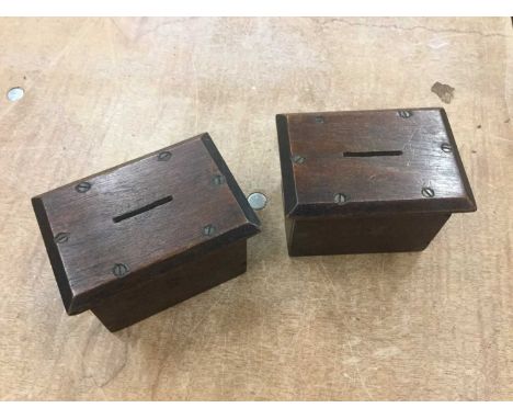 Pair of old wooden money boxes, stamped E R