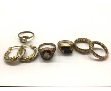 Pair of 9ct white and yellow gold hoop earrings, four 9ct gold gem set rings and one other dress ringTotal weight (excluding 