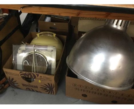 Three boxes of light fittings and sundry items together with a tapestry covered stool.