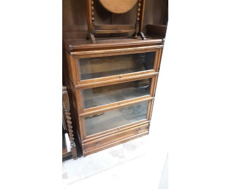 Early 20th century oak three tier Globe Wernike bookcase with drawer below, 87cm wide, 27cm deep, 116cm high