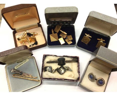 Group of cufflinks and tie clips including silver and gold plated, two pairs of old spectacles and a key ring