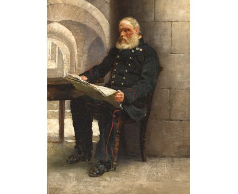 Richard Thomas Moynan RHA (1856-1906) PORTRAIT OF AN ARMY PENSIONER AT THE ROYAL HOSPITAL, KILMAINHAM oil on board with Victo