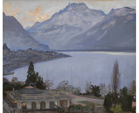 Sir John Lavery RA RSA RHA (1856-1941) EVENING, MONTREUX oil on canvas board signed lower right; signed again and titled [Eve