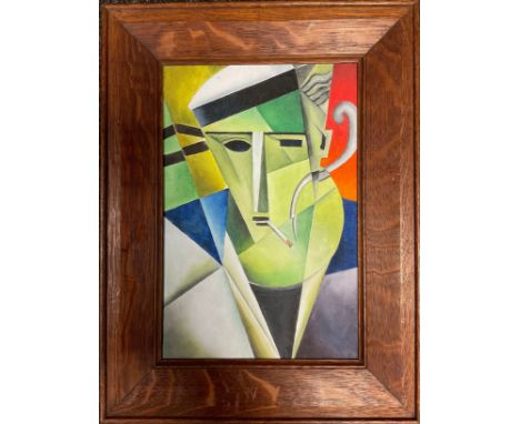 Modern school, A Cubist style portrait, man smoking a cigarette, oil on canvas, 30cm x 19.5cm. 