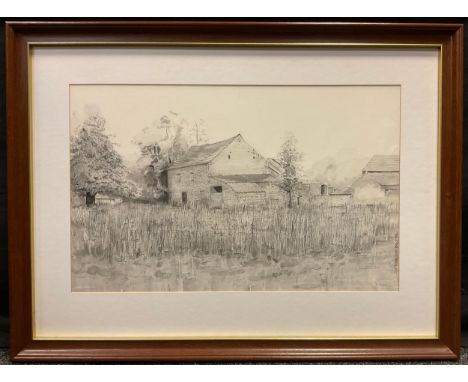 John Kenneth HallA Derbyshire Farmsigned in pencil, dated August 1984, pencil sketch, 37cm x 59cm 