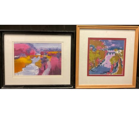 Davy Moakes, River Swale, Richmond, in Fauvist colours, signed, acrylic, 24cm x 35cm;  another, by the same artist, screen pr