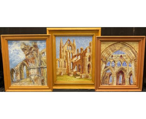 Davy Moakes, Whitby Abbey Ruins, Morning Sun, signed, acrylic on board, 50.5cm x 40.5cm;  another pair by the same artist, Wh