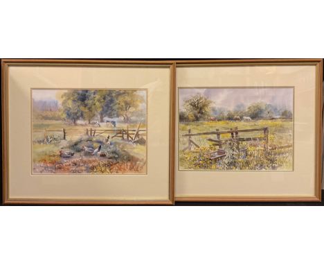 Gina MortonA pair - 'Summer Pasture', and 'Water Trough',each signed, watercolours, 28cm x 38cm, (2). 