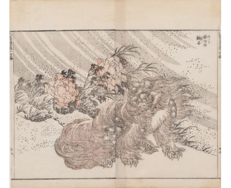 KATSUSHIKA HOKUSAI (1760-1849): SHISHI IN THE WINDBy Katsushika Hokusai (1760-1849), signed  Japan, 1814-1819Color woodblock 