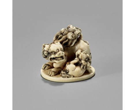 TOSHINAGA: AN IVORY NETSUKE OF A SHISHI WITH YOUNGBy Toshinaga (Juei), signed Toshinaga 壽永 with kakihanJapan, Edo (Tokyo), mi