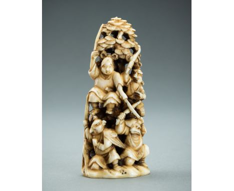 AN IVORY NETSUKE-OKIMONO OF SEVERAL TENGU IN A FIGHT, MEIJIJapan, Meiji period (1868-1912) Carved in openwork to depict four 