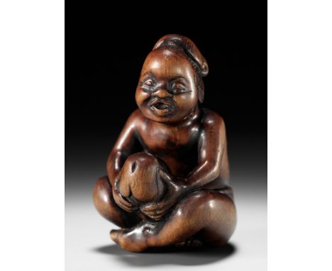 A SUPERB WOOD SHUNGA NETSUKE OF A MAN WITH OKAME MASK  Unsigned Japan, Edo (Tokyo), 18th century, Edo period (1615-1868)Finel