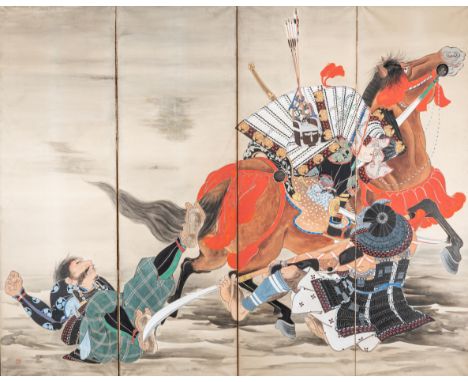 A FOUR-PANEL BYOBU SCREEN DEPICTING SAMURAI, MEIJIJapan, Meiji period (1868-1912)Finely painted in gouache and ink to depict 