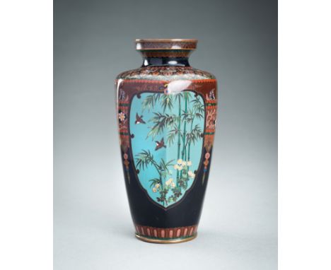 A FINE CLOISONNÃ‰ ENAMEL VASE WITH BAMBOO, PHOENIX AND BIRDS, MEIJIJapan, Meiji period (1868-1912). Of rounded hexagonal balu