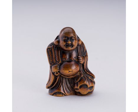 A MITSUHIRO-STYLE WOOD NETSUKE OF HOTEIJapan, Edo Period (1615-1868)The finely carved wood netsuke executed in the style of M