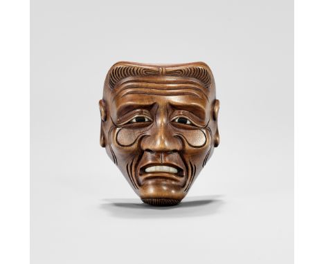 A FINE INLAID WOOD NOH MASK NETSUKE OF TOKUSA-JOUnsignedJapan, 19th century, Edo period (1615-1868)Finely carved and inlaid i