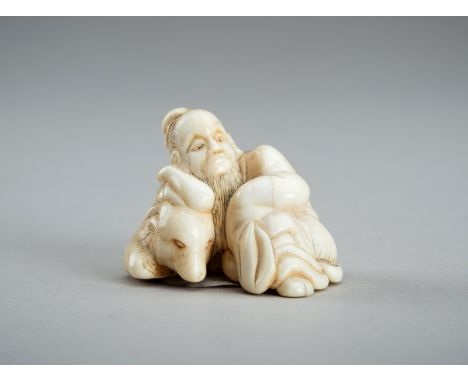 AN IVORY NETSUKE OF A SAGE RECLINING ON A GOAT, EDO PERIODJapan, 19th century, Edo period (1615-1868) The Chinese sage wearin