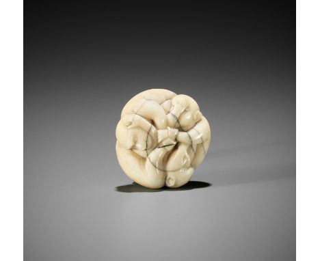 A RARE MARINE TUSK MANJU NETSUKE OF THE SAMBIKI SARUUnsignedJapan, 19th century, Edo period (1615-1868)Well-carved as the thr