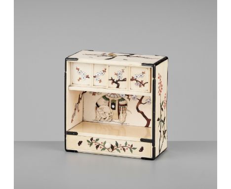 A MINIATURE SHIBAYAMA-INLAID IVORY DISPLAY CABINETJapan, Meiji period (1868-1912)Of rectangular form, decorated in typical Sh