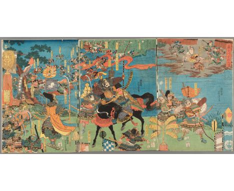 YOSHITORA: TRIPTYCH OF THE BATTLE AT FUJISHIRAKAWA, 1856By Utagawa Yoshitora, active around 1836-1887, signed Yoshitora Japan