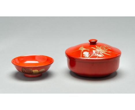 A RED LACQUER NIMONO WAN (BOWL WITH COVER) AND A SMALL KOBACHI (DISH)Japan, first half of 20th century, Taisho (1912-1926) or