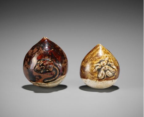 TWO GLAZED CERAMIC (YAKIMONO) NETSUKE OF CHESTNUTS WITH SMALL ANIMALSJapan, 19th century, Edo period (1615-1868)Each naturali