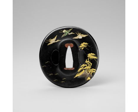 TENKODO HIDEKUNI: A FINE ENAMELLED SHAKUDO TSUBA WITH CRANES AND PINEBy Kawarabayashi Tenkodo Hidekuni (1825-1891), signed Te