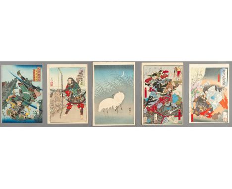 A GROUP OF FIVE ORIGINAL COLOR WOODBLOCK PRINTS, 19TH CENTURYJapan, 1850-1886Consisting of four warrior prints: 'Yamato warri