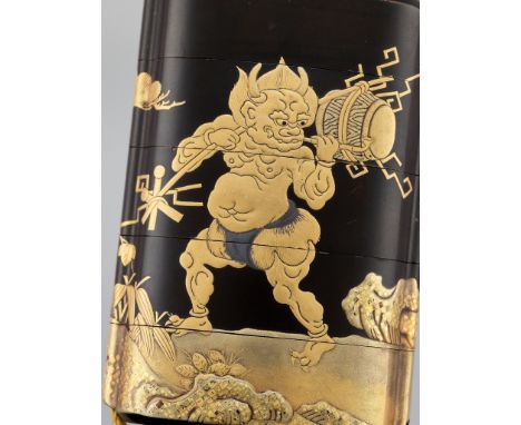 A RARE AND EARLY BLACK AND GOLD LACQUER FOUR-CASE INRO DEPICTING RAIJIN AND FUJINUnsigned Japan, 18th century, Edo period (16