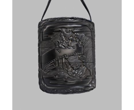 ZONSEI: A FINE TSUIKOKU (CARVED BLACK LACQUER) FOUR-CASE INRO DEPICTING CHORYO AND KOSEKIKOBy Zonsei, signed Zonsei 村靖 zo 造Ja
